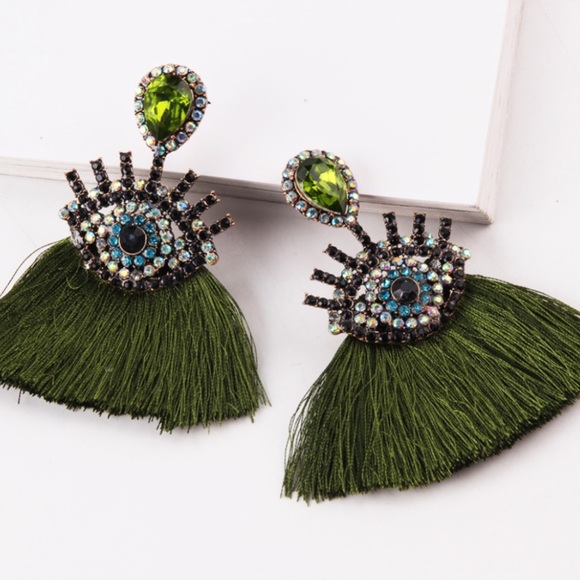 Jewelry - Green Tassel Evil Eye Earrings
